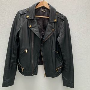 Black lambskin leather biker jacket, brass hardware, medium, by Prune